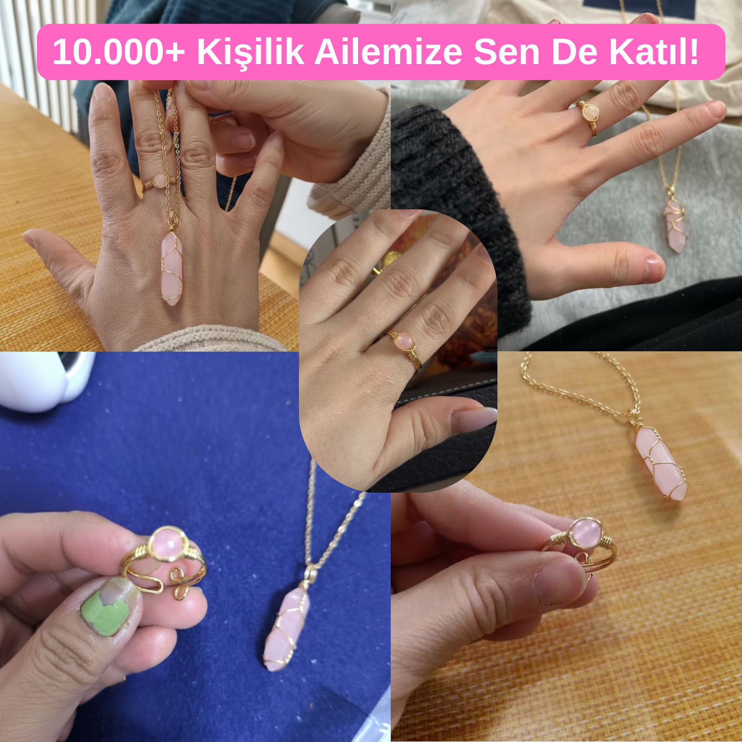 Pembe Kuvars Aşk Yüzüğü Seti