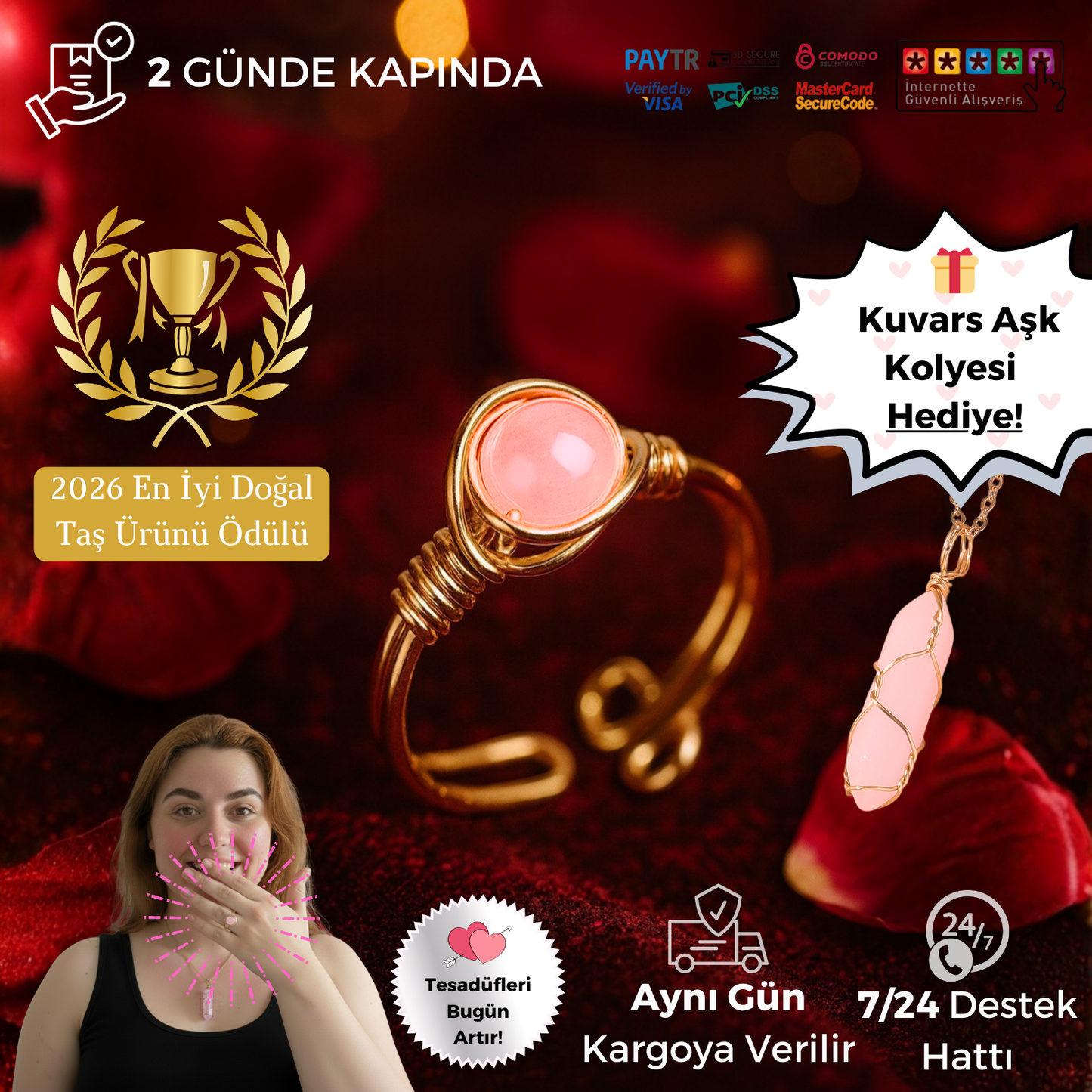 Pembe Kuvars Aşk Yüzüğü Seti