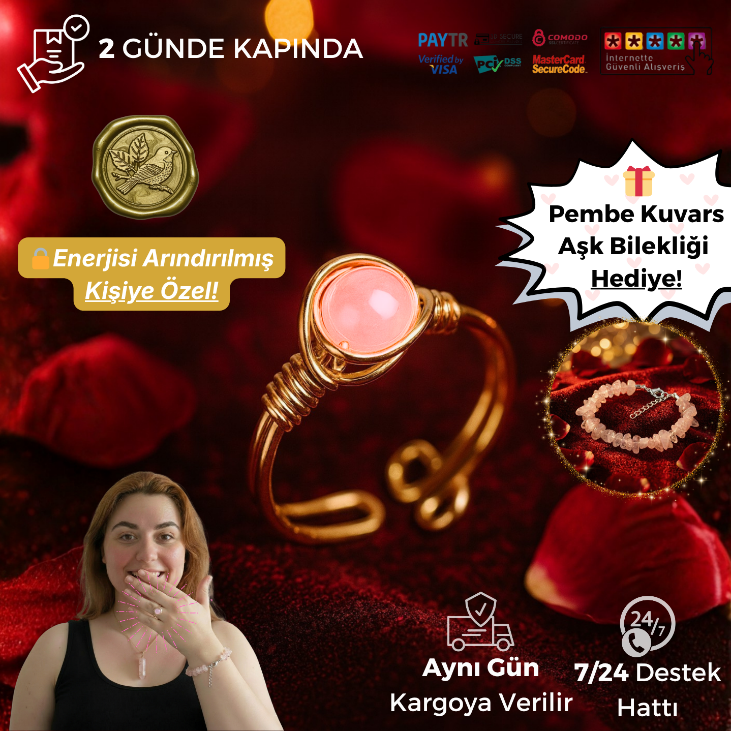 Pembe Kuvars Aşk Yüzüğü Seti