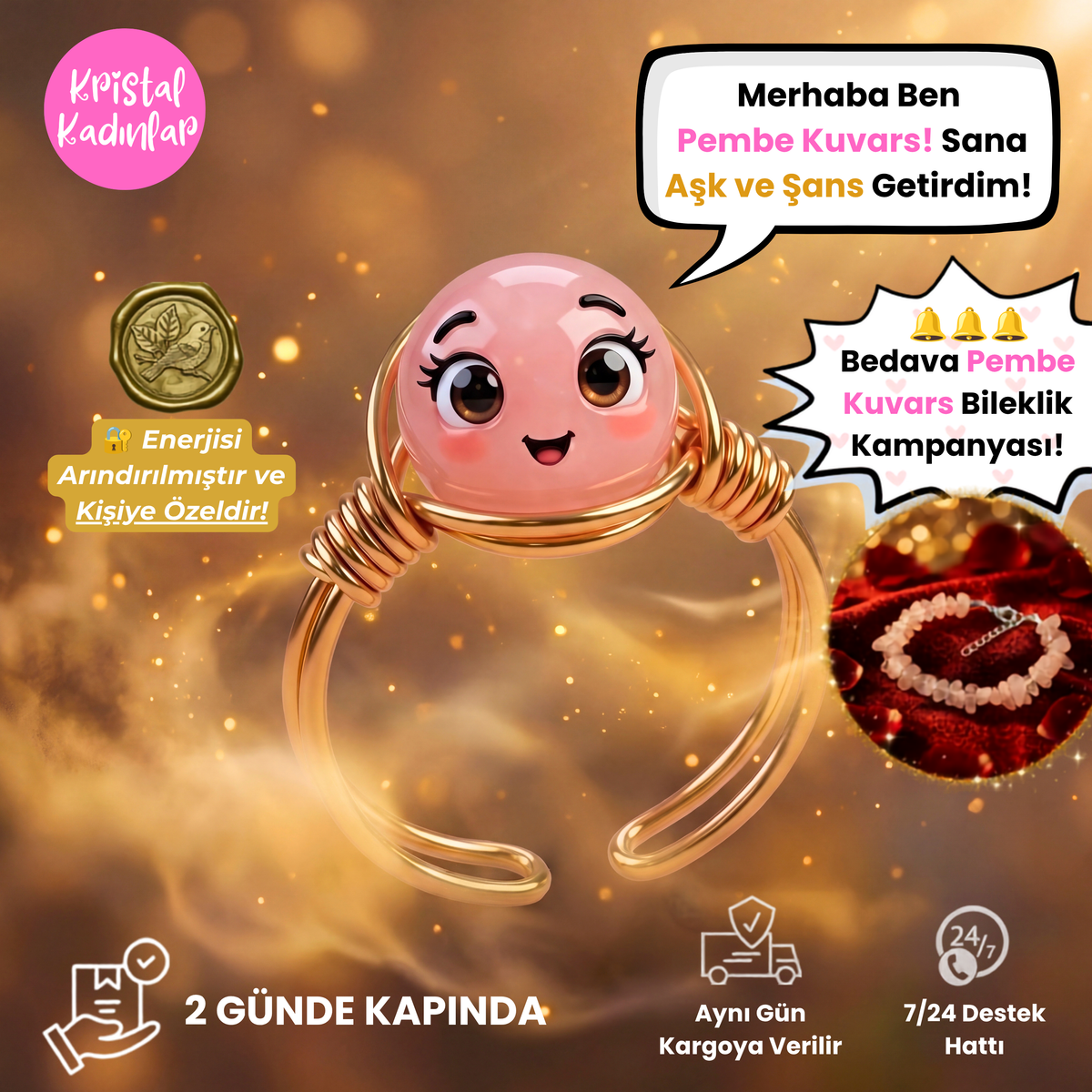 Arındırılmış Saf Pembe Kuvars Yüzük